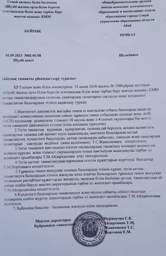 "Ыстық тамақты ұйымдастыру туралы" бұйрық