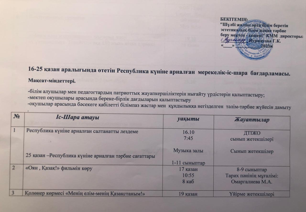 25 қазан - Республика күніне арналған іс-шаралар жоспары
