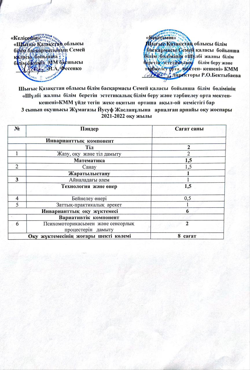 «Шүлбі жалпы орта білім беретін эстетикалық білім және тәрбие беру мектеп-кешені» КММ үйде тегін жеке оқитын орташа ақыл-ой кемістігі бар 3 сынып оқушысы Жұмағазы ЙУСУФ Жасланұлына арналған арнайы оқу жоспары
