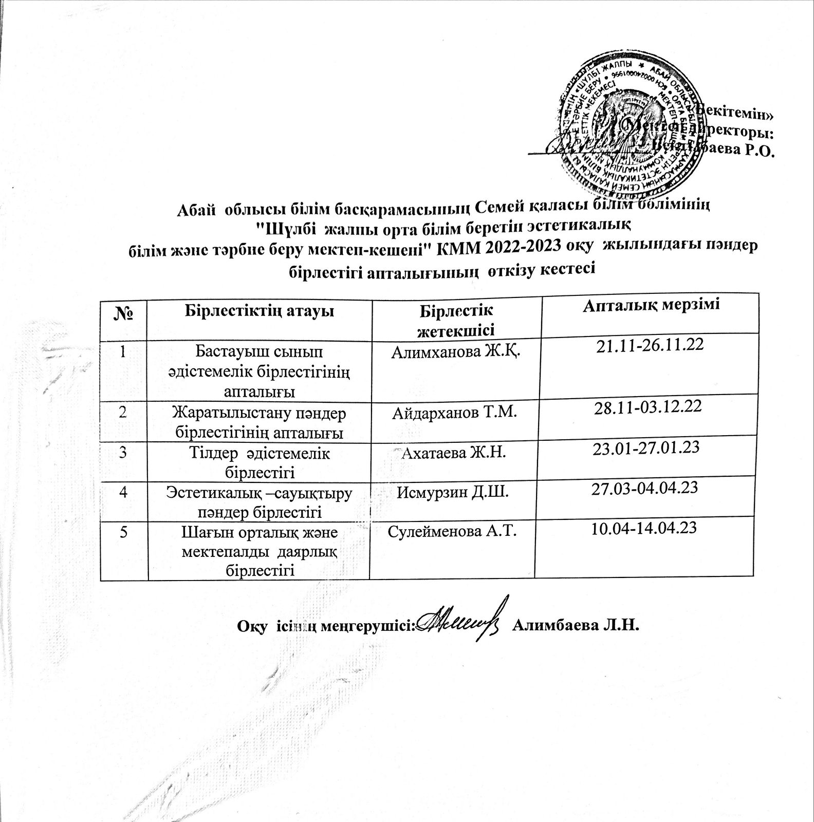 2022-2023 оқу жылындағы пәндер бірлестігі апталығының өткізу кестесі